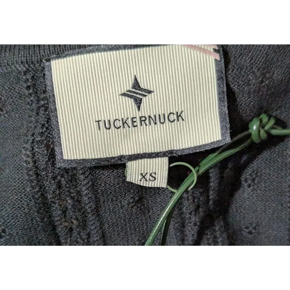 Tuckernuck Sweater Womens XS Black Open Knit Scoop Henley Puff Sleeve Top NWT